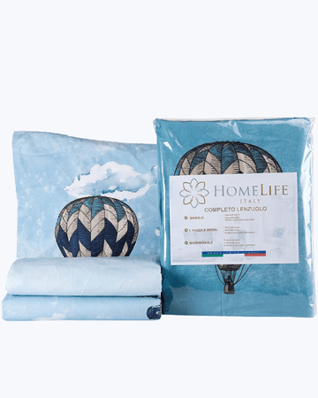 Set Lenzuola Letto in Cotone Made in Italy - Completo Letto Stampa Molgolfiere e Citta' Azzurro